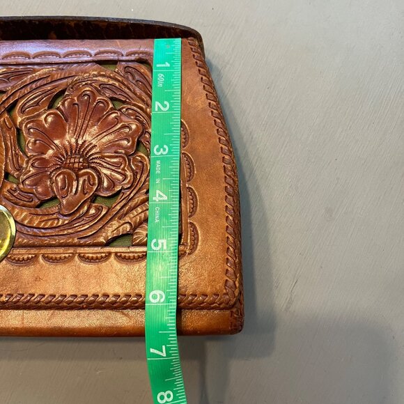 Vintage Tooled Cut Out Leather Handbag Purse Brown Green - Picture 13 of 15